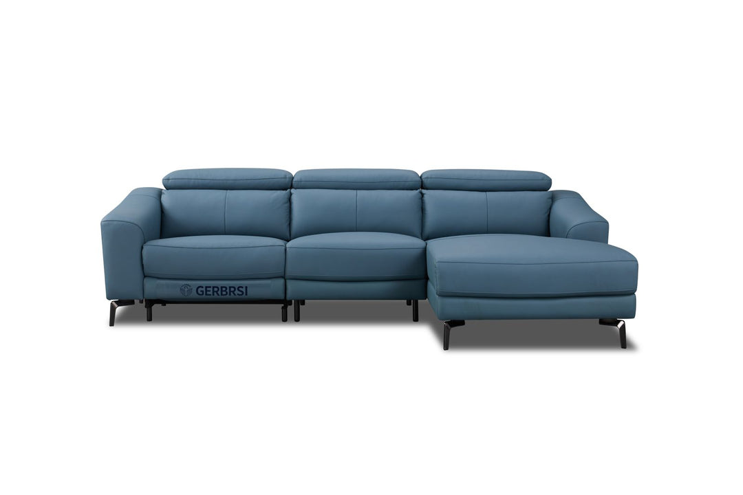 Modern blue sectional sofa with chaise, adjustable headrests, and metal legs