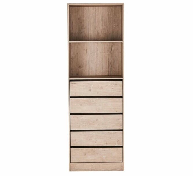 Tall wooden storage cabinet with two open shelves and five drawers, modern home furniture