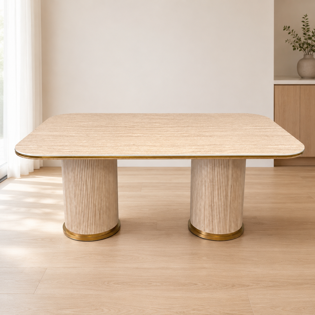 Modern dining table with fluted wood legs and gold trim, perfect for contemporary Sydney homes