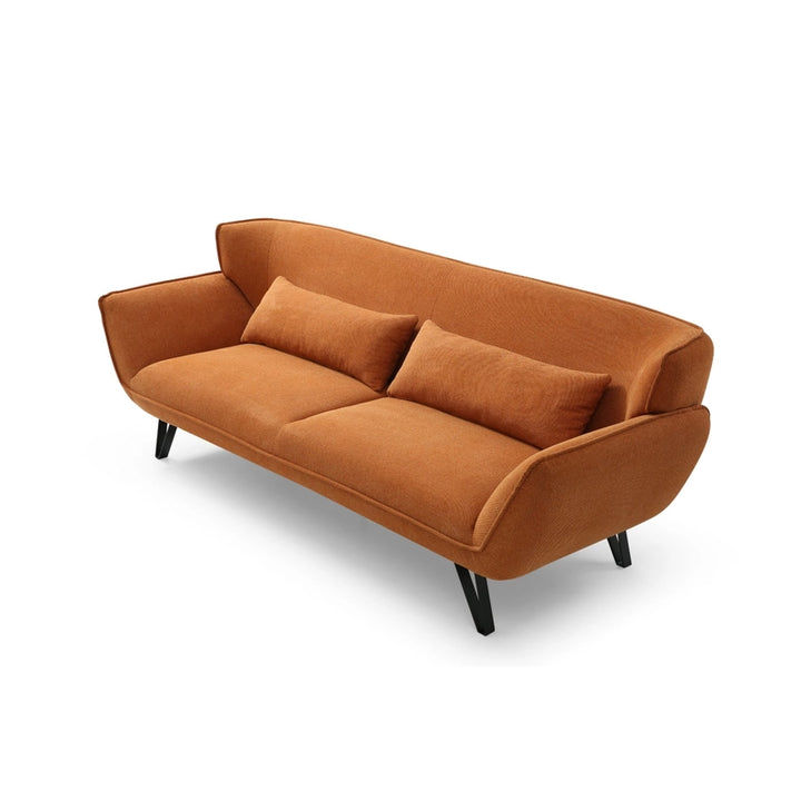 Modern orange fabric sofa with black legs, ideal for living room furniture