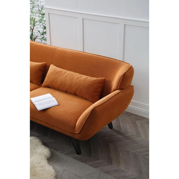 Orange fabric sofa with matching cushions in modern living room, ideal for Sydney homes