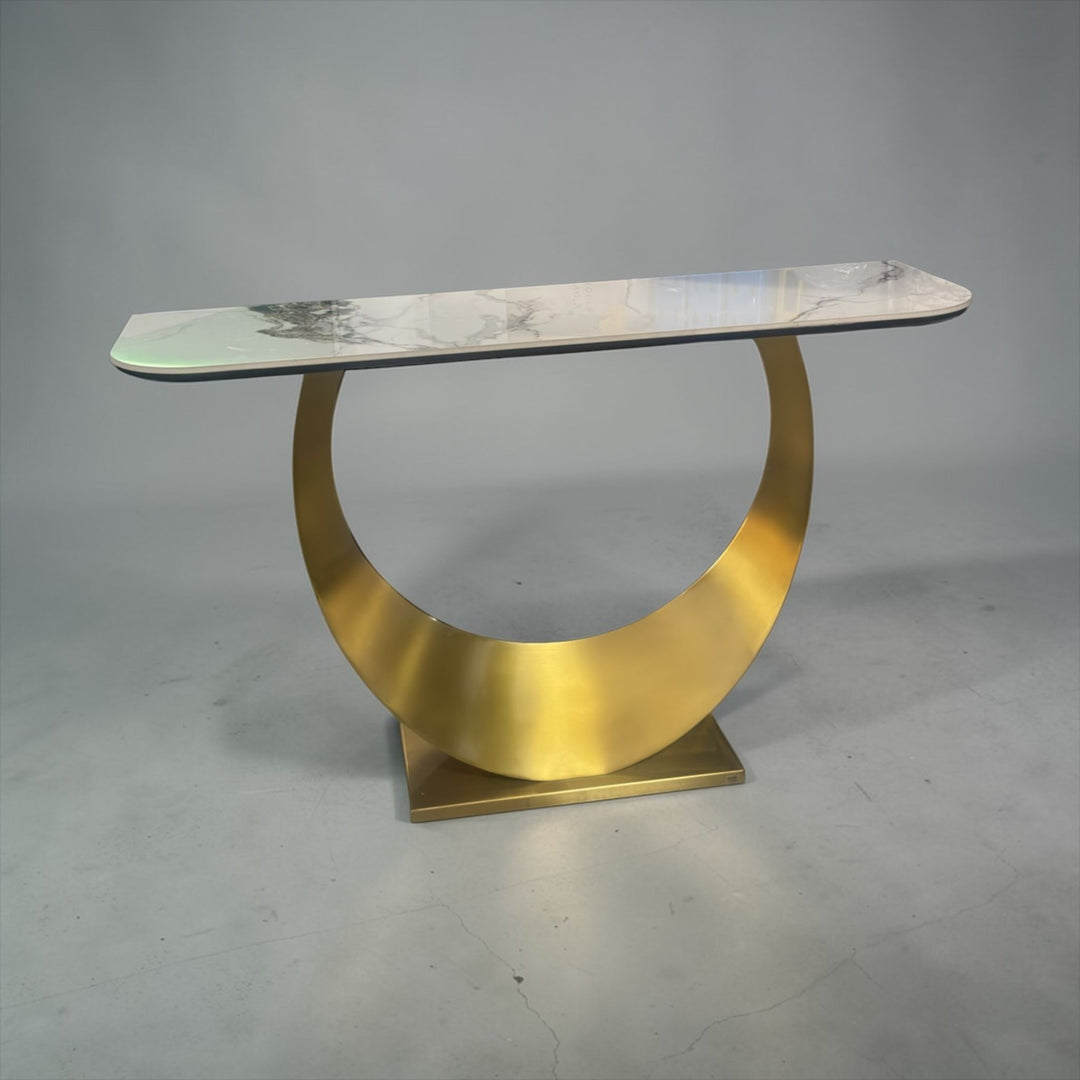 Modern console table with gold semi-circular base and white marble top