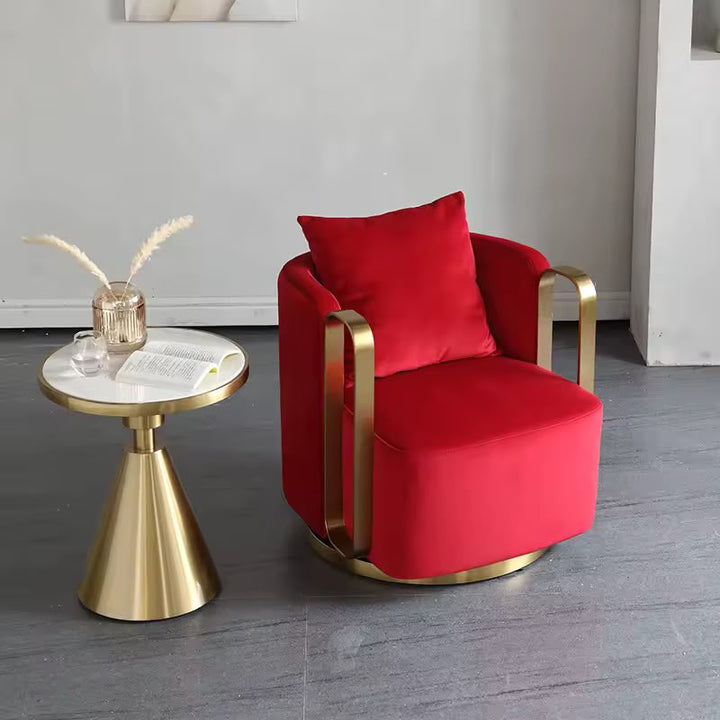 Luxury red velvet armchair with gold frame, modern side table, perfect for Sydney living room furniture