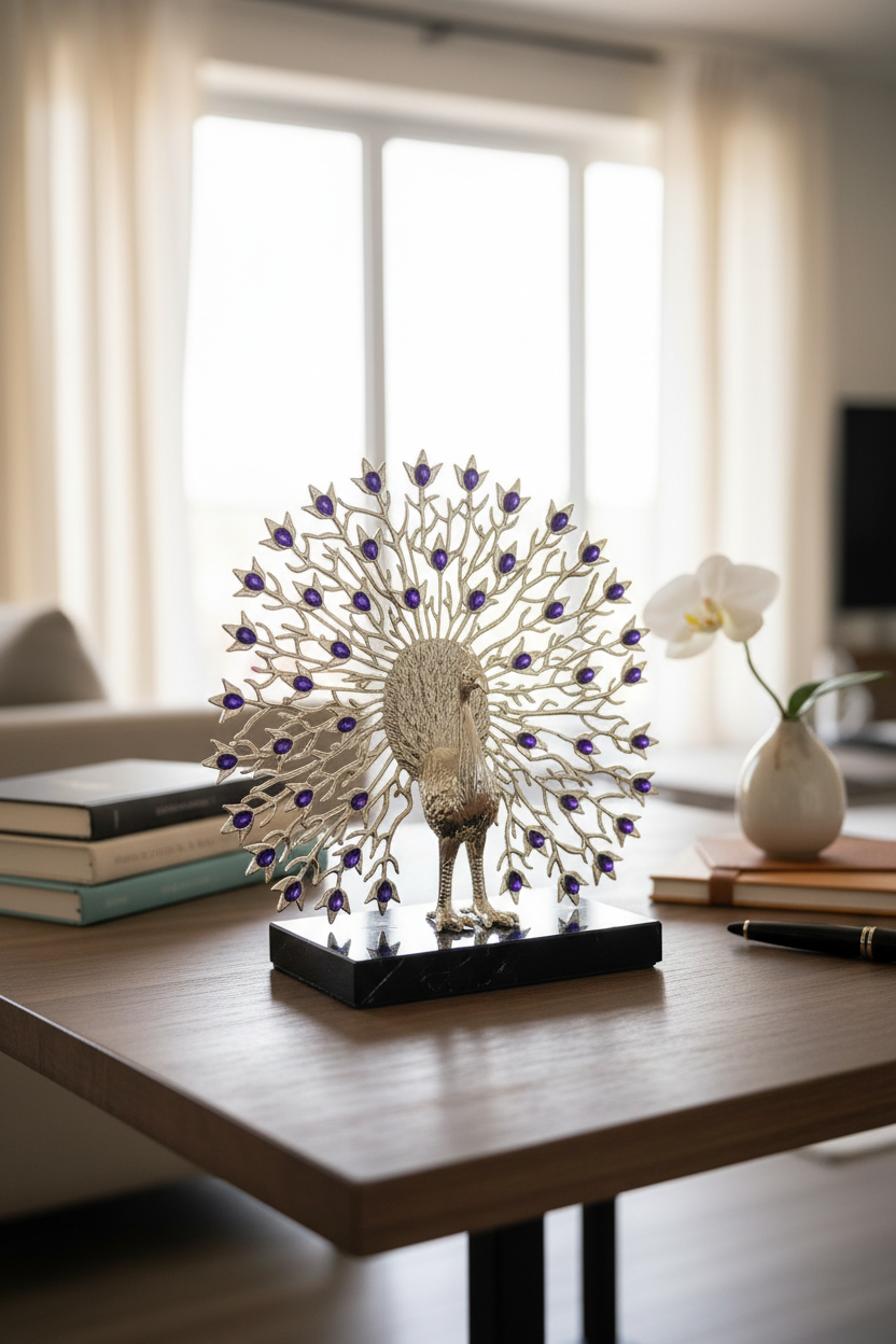 Celestial Peacock Sculpture Silver