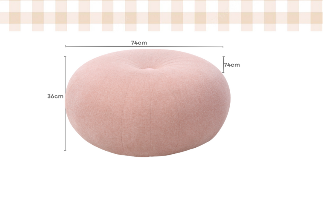 Round pink ottoman or pouf with soft fabric, 74cm diameter by 36cm height, modern home furniture