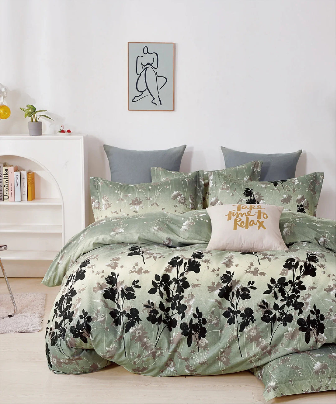 Botanist 5 Piece Bedding Set Microfiber 120 gsm-Dark Green with black floral - DLB Furniture