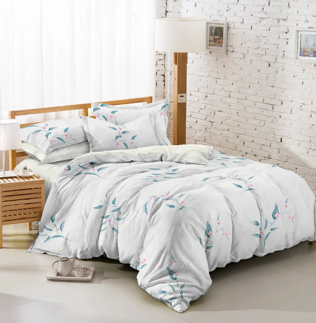 Botanist 5 Piece Bedding Set Microfiber 120 gsm- White with Blue Floral - DLB Furniture