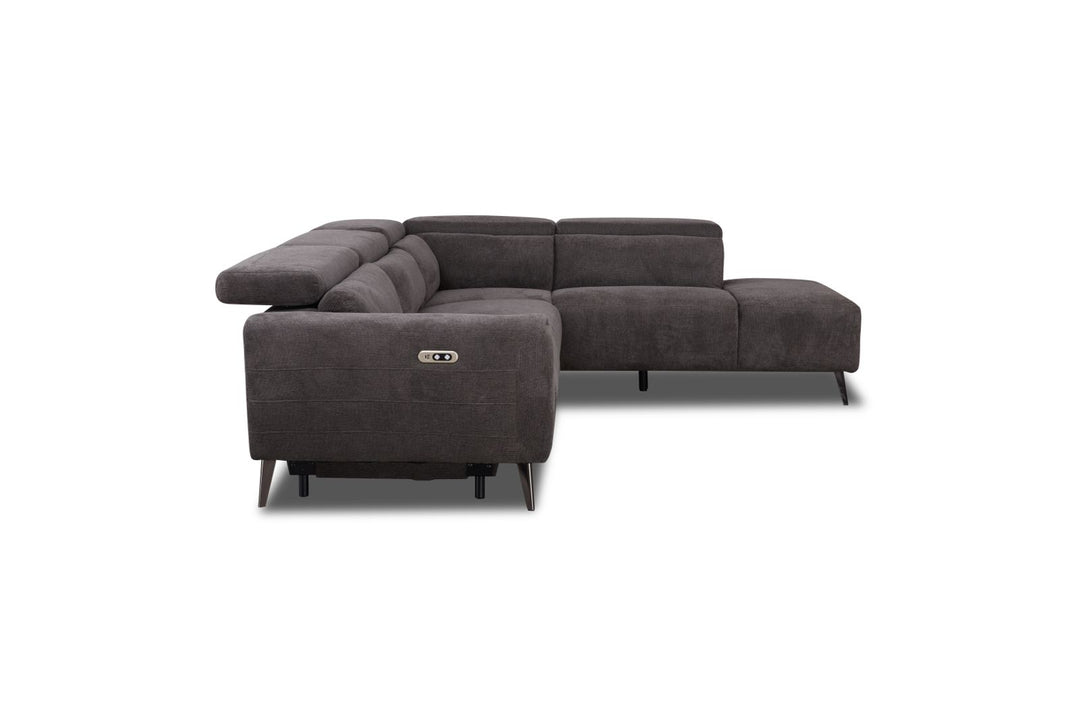 Modern dark grey L-shaped sectional sofa with adjustable headrests and metal legs