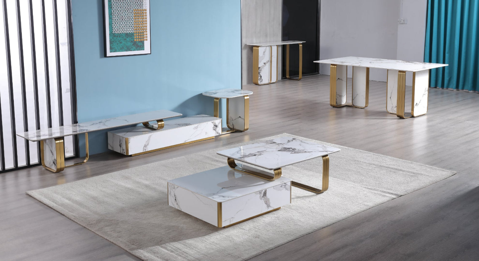 Modern living room with marble and gold tables, including coffee and TV units on wood floor