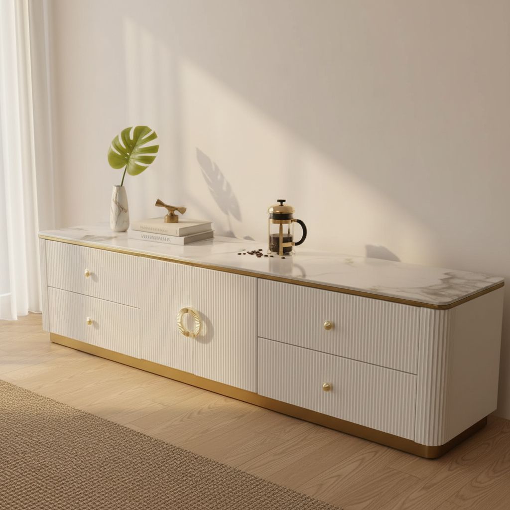 Modern white TV unit with gold accents, marble top, decorative vase, and coffee press in bright living room