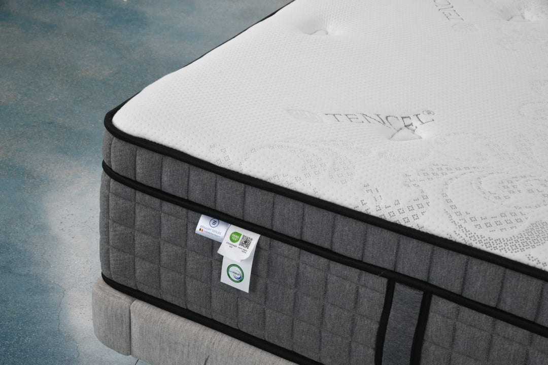 Close-up of a Tencel memory foam mattress with quilted grey sides on a bed base