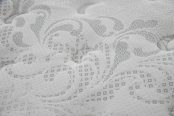 Close-up of white mattress surface with quilted floral pattern and textured stitching