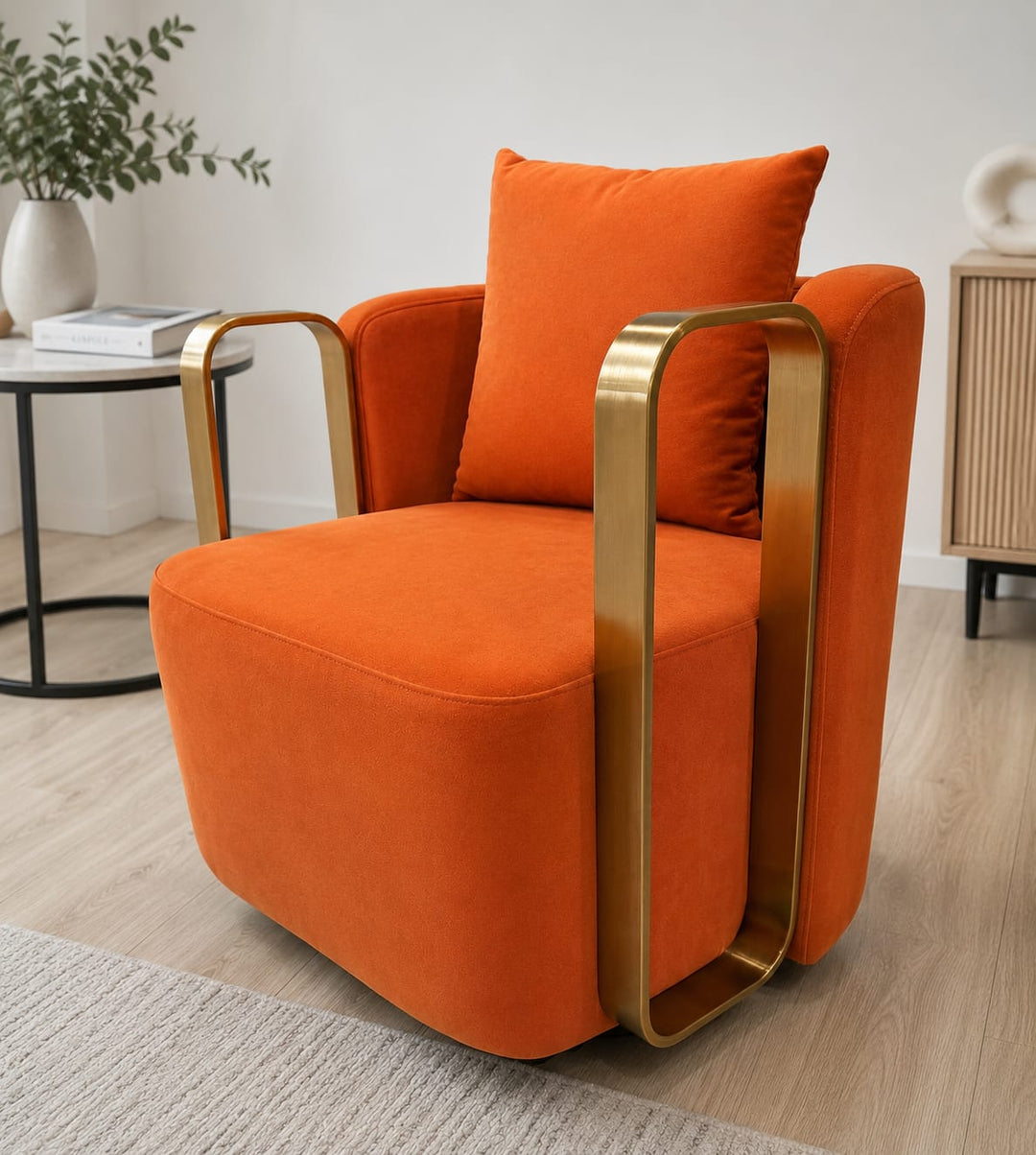 Orange velvet armchair with gold metal frame, modern living room accent chair