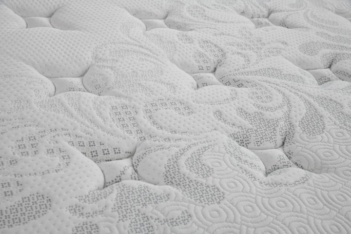 Close-up of a white mattress surface with quilted and textured patterns, home bedding