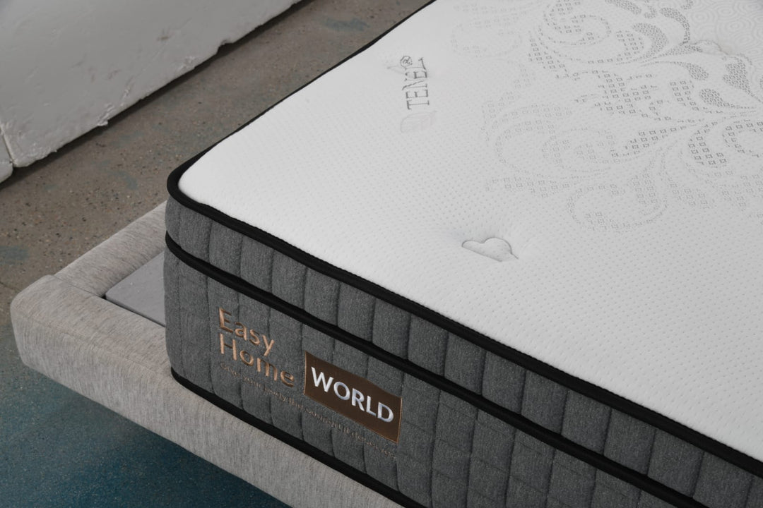Modern grey and white mattress with quilted top on upholstered bed frame