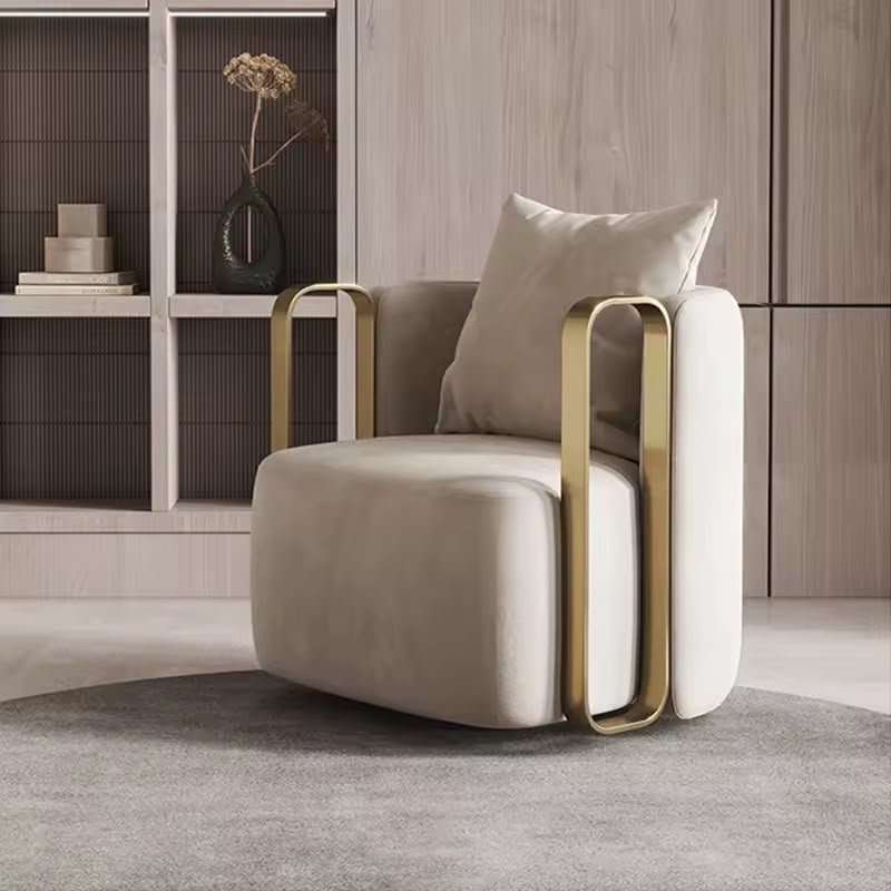Modern beige armchair with gold metal frame, perfect for living room or lounge space