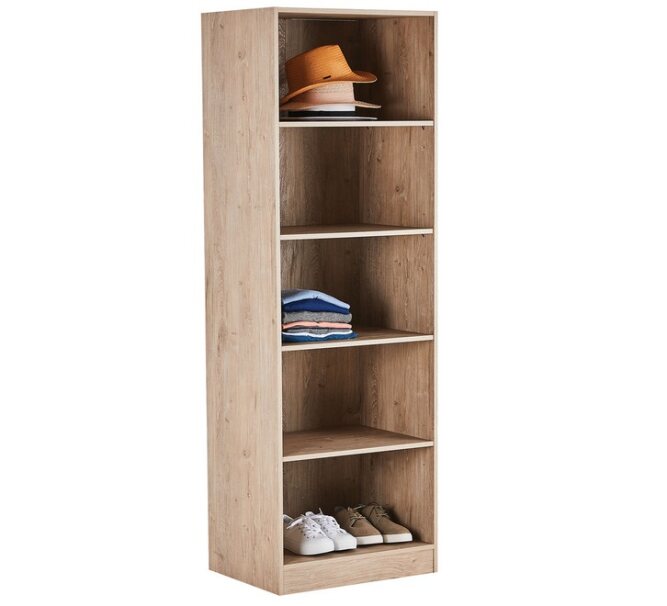Tall wooden shelving unit with multiple open shelves, storing hats, clothes, and shoes.
