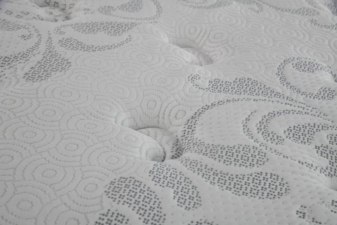 Close-up of a white mattress surface with textured, stitched patterns
