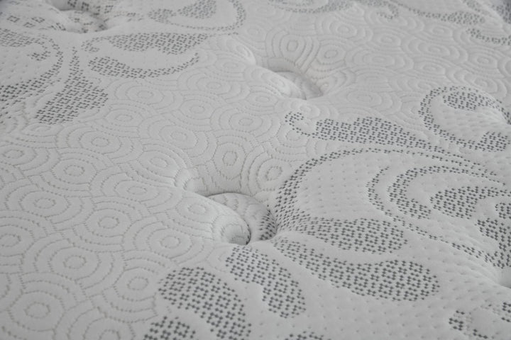 Close-up of a white mattress surface with textured, stitched patterns