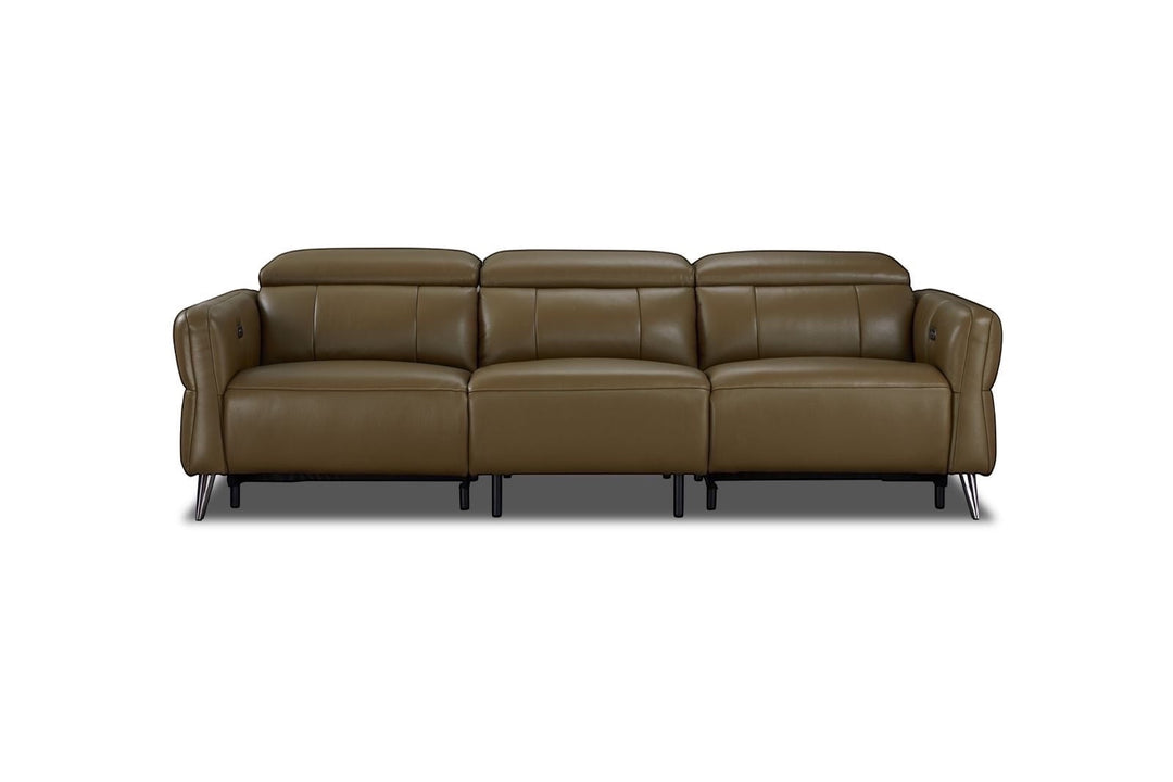 Modern brown leather sofa with adjustable headrests and black metal legs, isolated on white