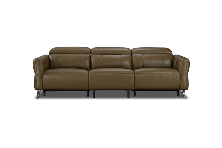 Modern brown leather sofa with adjustable headrests and black metal legs, isolated on white