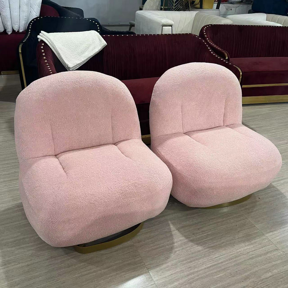 Pink plush swivel armchairs for living room, modern furniture with gold base