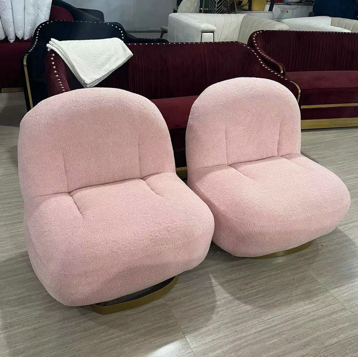 Pink plush swivel armchairs for living room, modern furniture with gold base