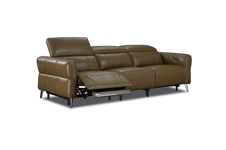 Modern brown leather reclining sofa with adjustable headrest and metal legs