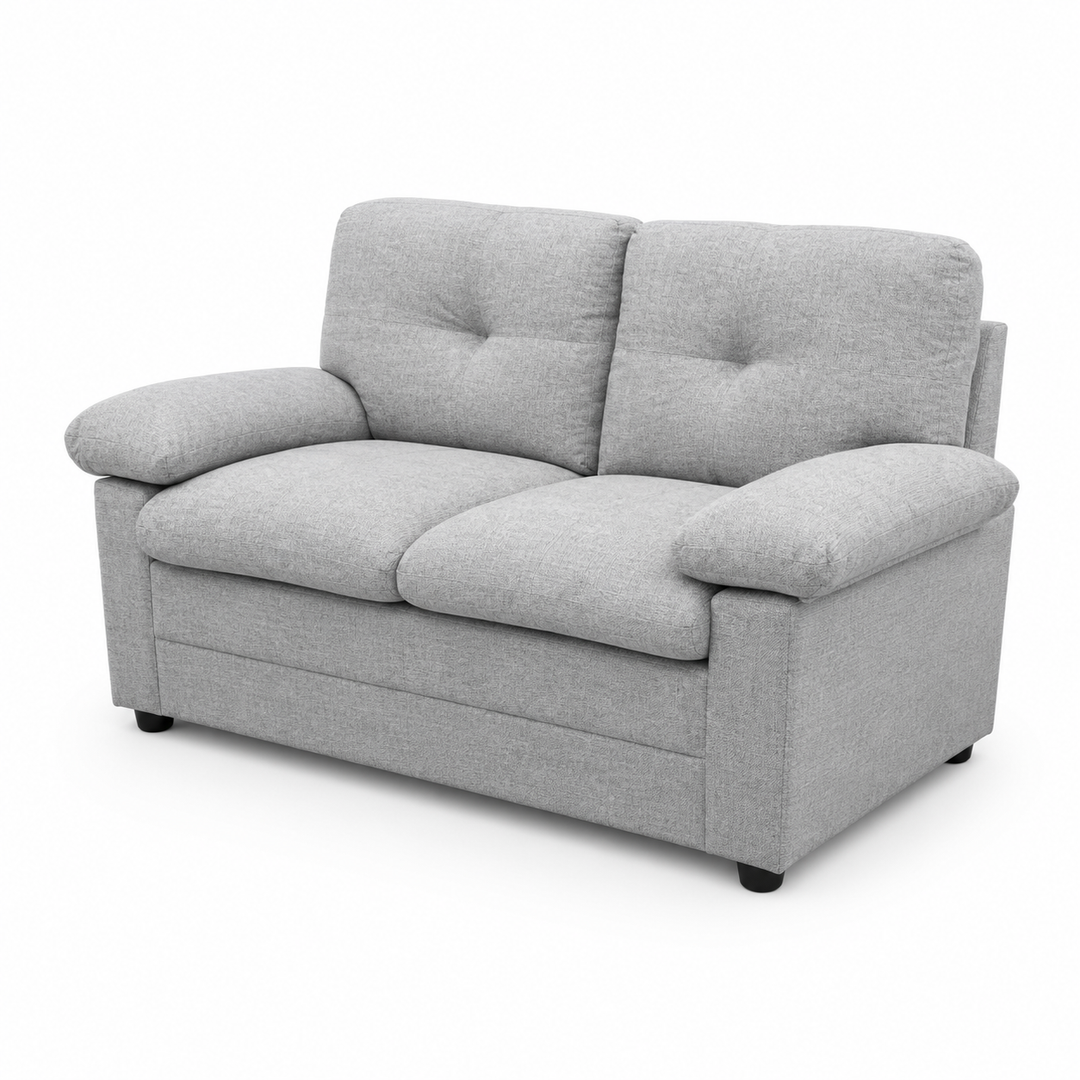 Gray two-seater sofa with tufted back cushions and black legs, modern living room furniture