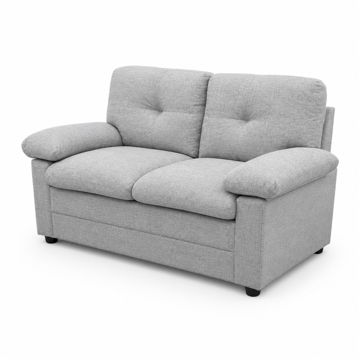Gray two-seater sofa with tufted back cushions and black legs, modern living room furniture