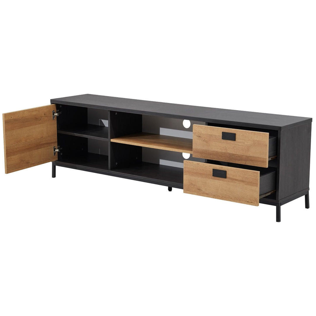 Modern TV unit with black frame, wood drawers, open shelves, and one cabinet door open.