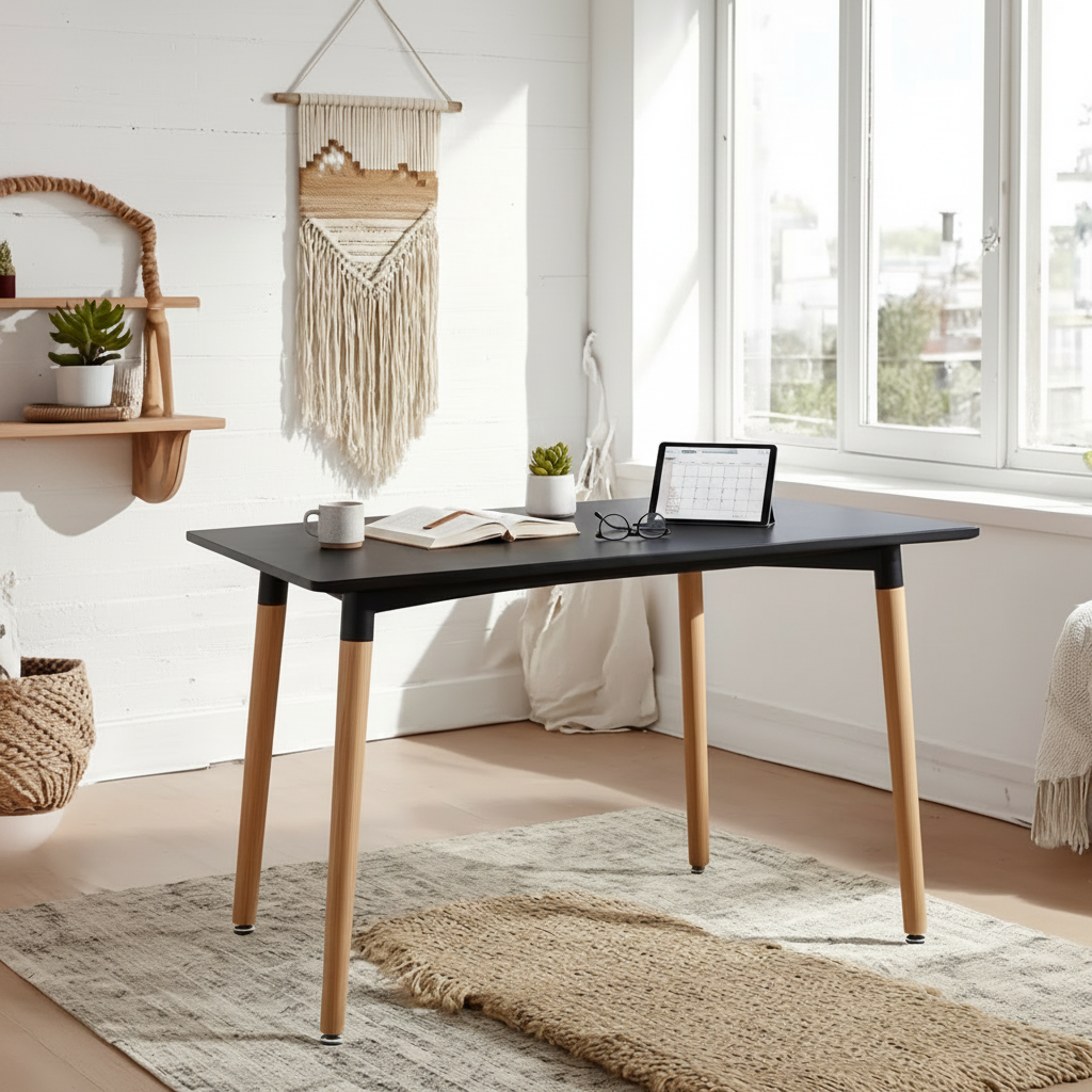 Modern black desk with wooden legs in bright home office, perfect for Sydney furniture shoppers