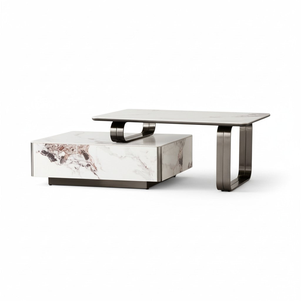 Modern rectangular marble coffee table with metal legs and a geometric two-tier design.