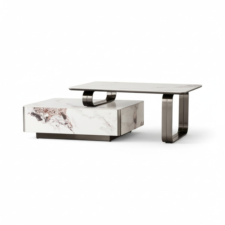 Modern rectangular marble coffee table with metal legs and a geometric two-tier design.