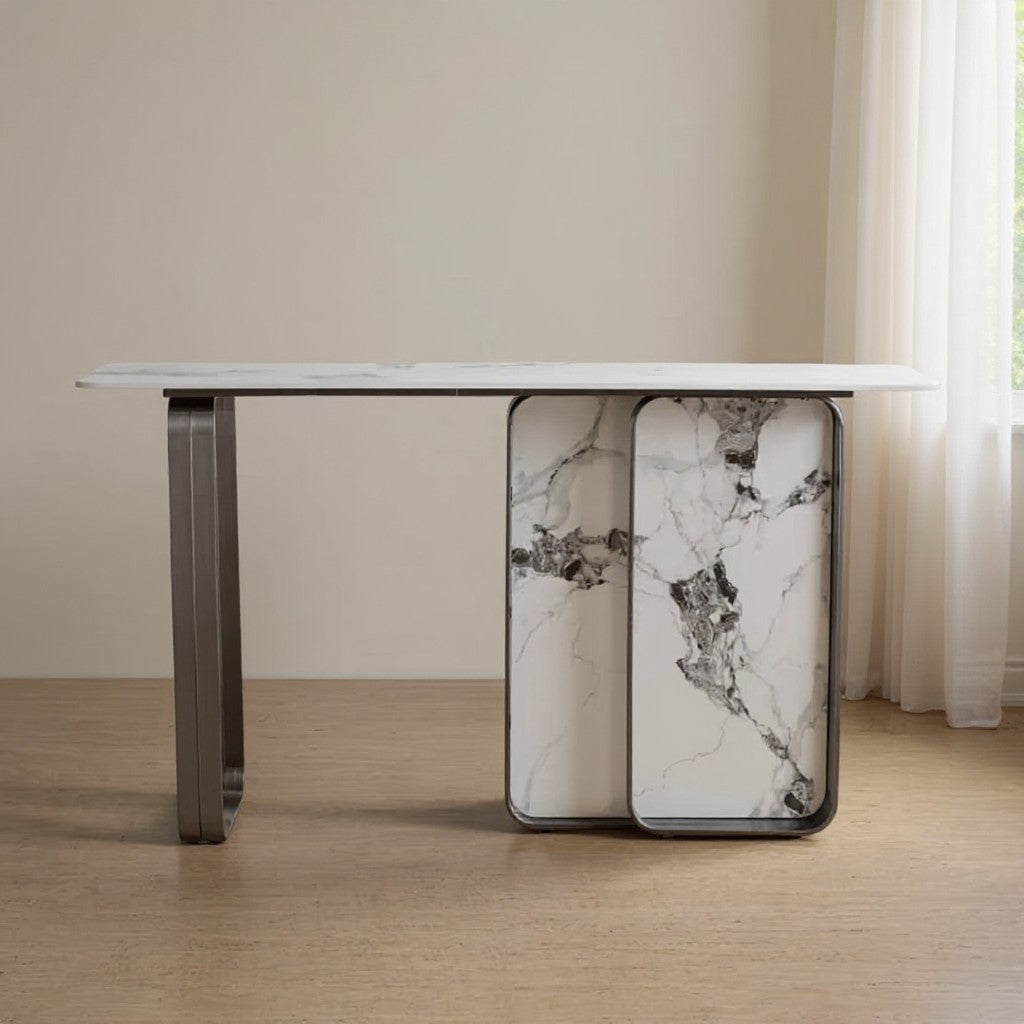 Modern marble console table with metal base in bright living room setting