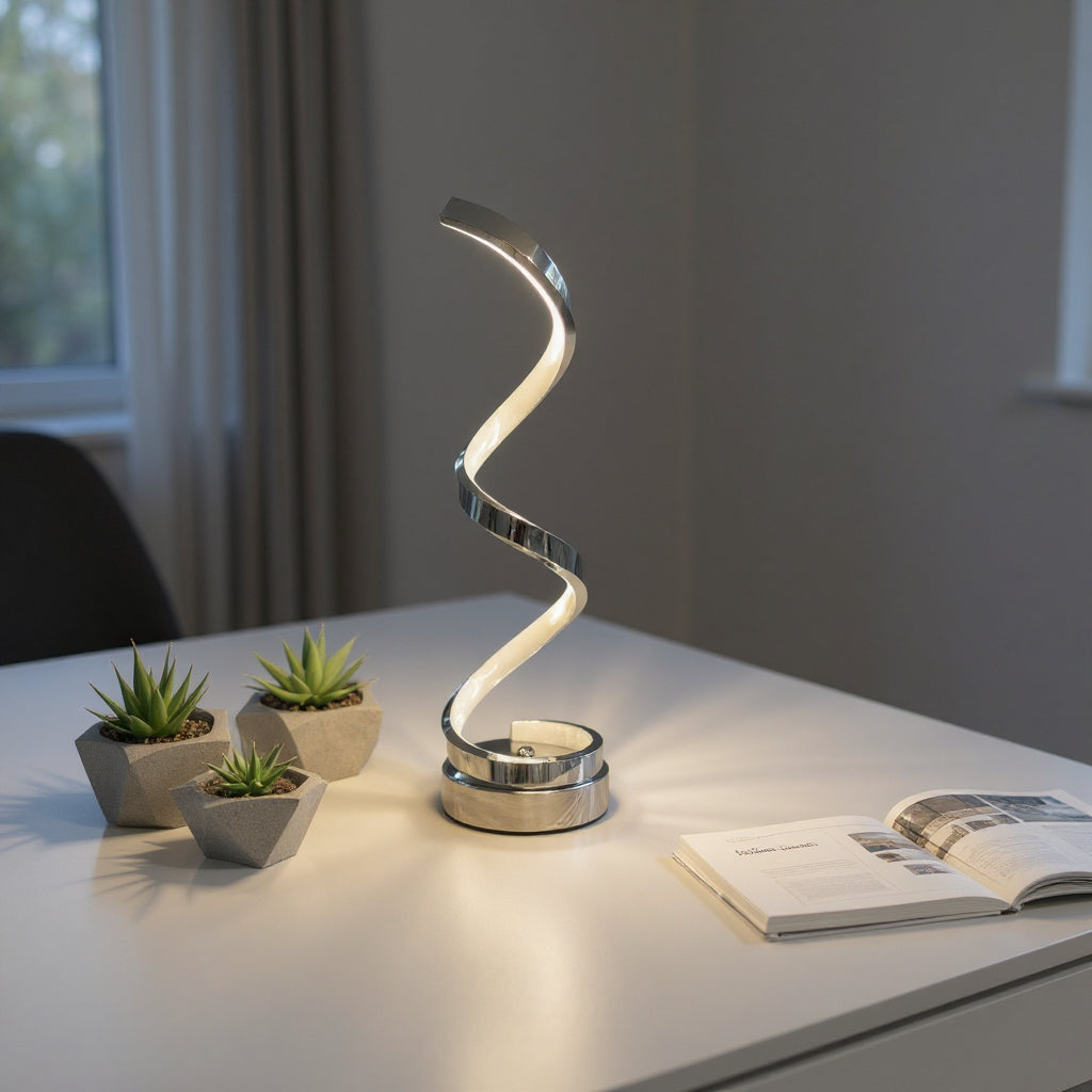 Modern spiral LED table lamp with three small succulents on a white desk in a home interior
