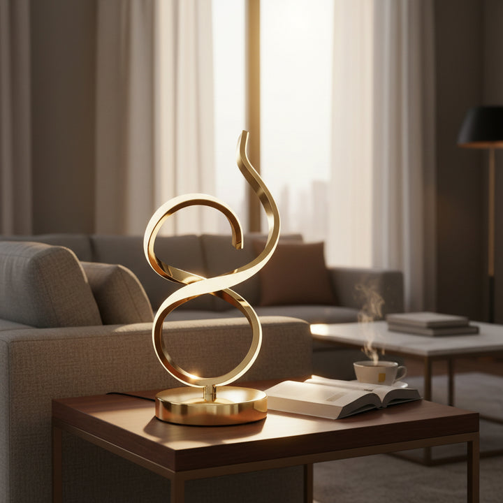 Modern gold sculptural lamp on wood coffee table in stylish living room with sofa and books
