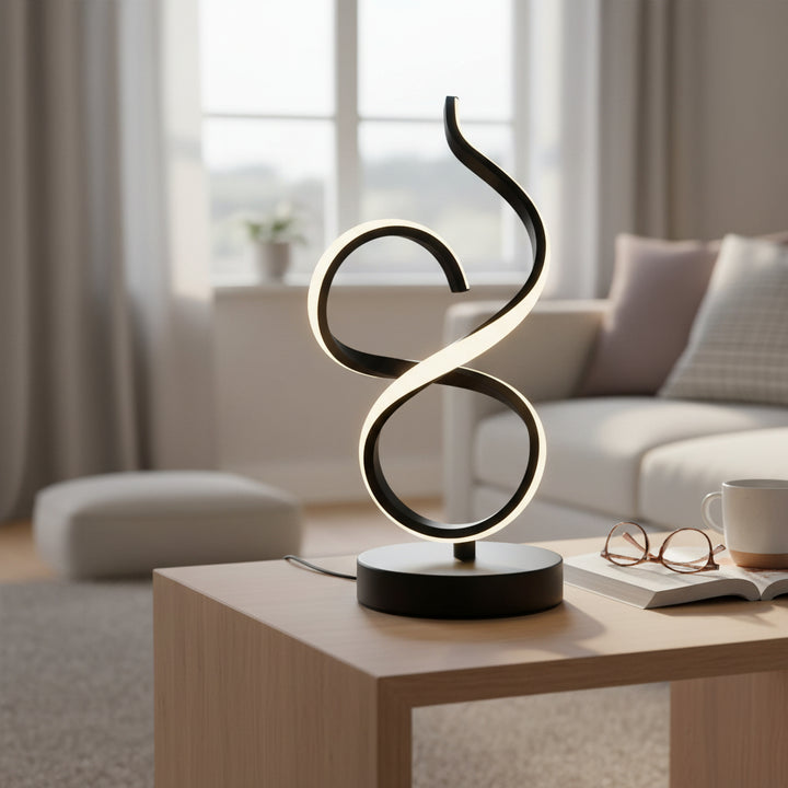 Modern LED table lamp with artistic loop design on wooden coffee table in cozy living room.