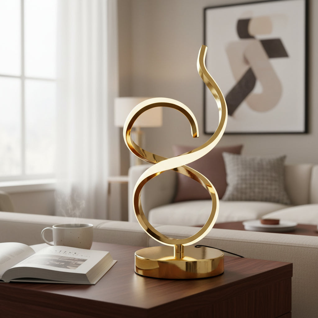 Modern gold sculptural table lamp on wood coffee table in stylish living room