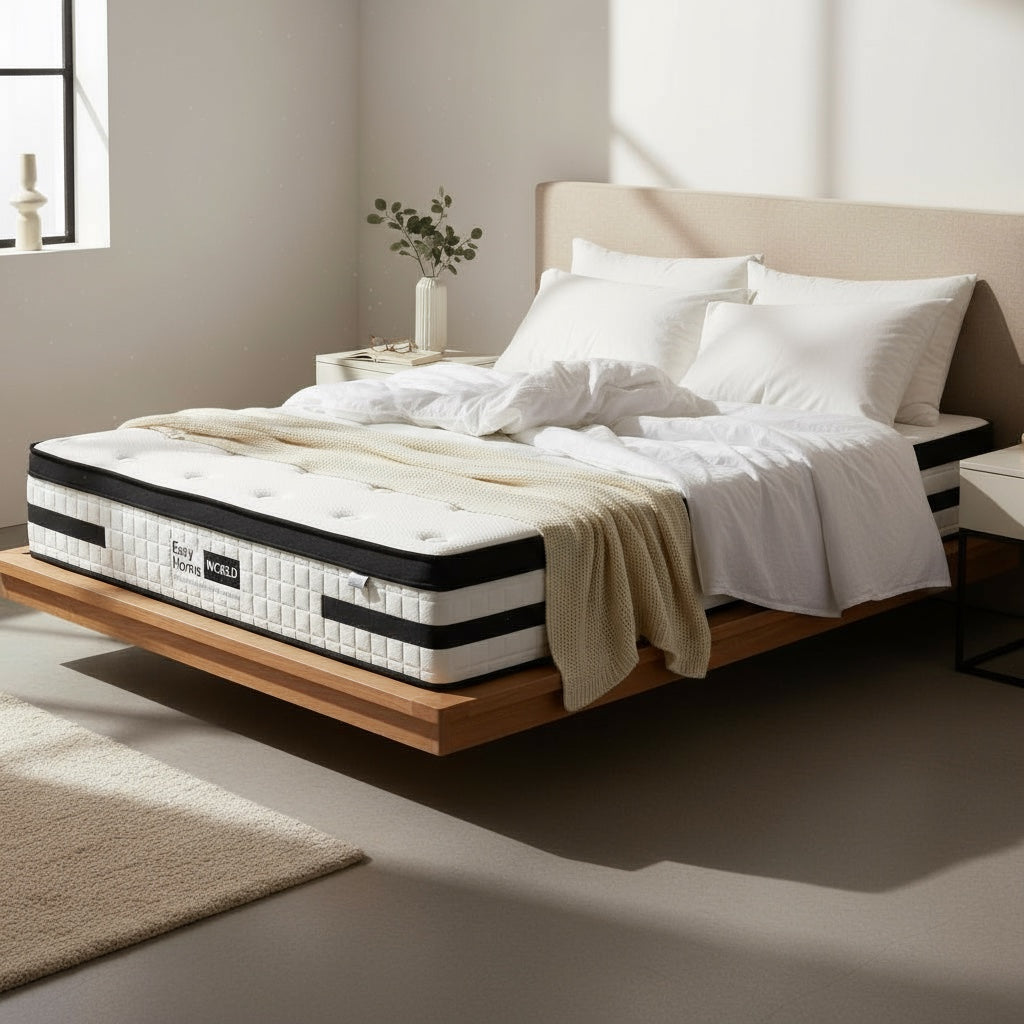 Modern bedroom with a wooden platform bed and plush mattress, white bedding, and natural light