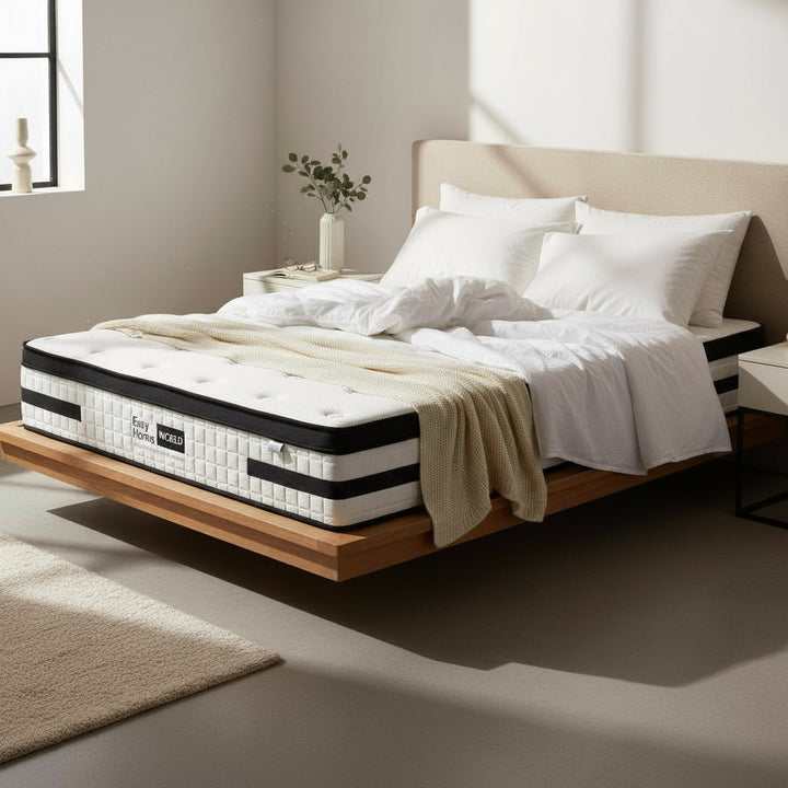 Modern bedroom with a wooden platform bed and plush mattress, white bedding, and natural light