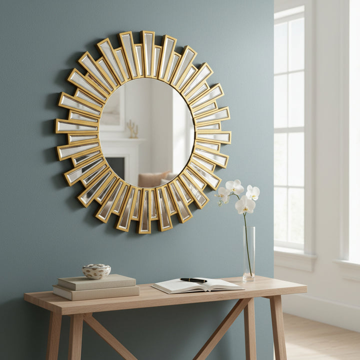 Gold sunburst wall mirror above modern wooden console table with orchid and books in bright living room