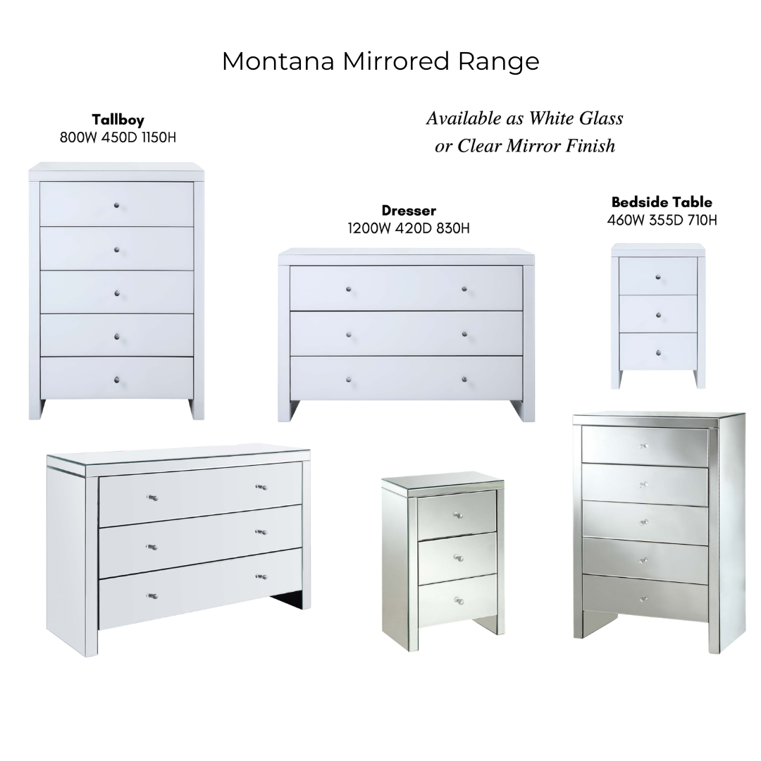 Montana Mirrored Range furniture set including tallboy, dresser, and bedside table in white glass or clear mirror finish.
