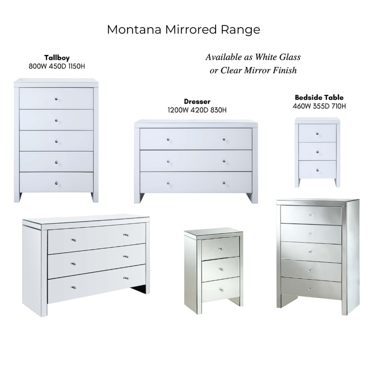 Montana Mirrored Range furniture set including tallboy, dresser, and bedside table in white glass or clear mirror finish.