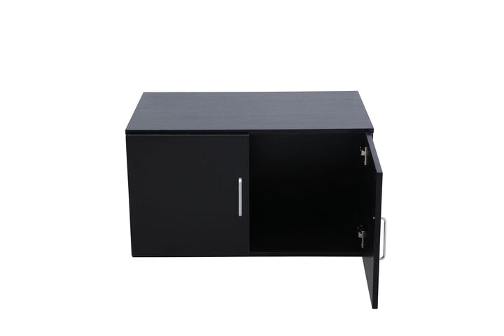 Modern black wooden cabinet with silver handle and one door open