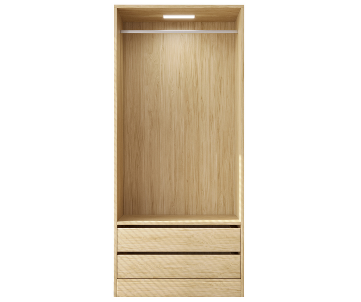 Modern wooden wardrobe with drawers, open hanging rail, and built-in LED light