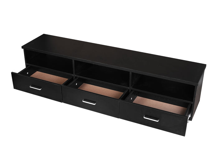 Modern black TV unit with three open drawers and three open shelves