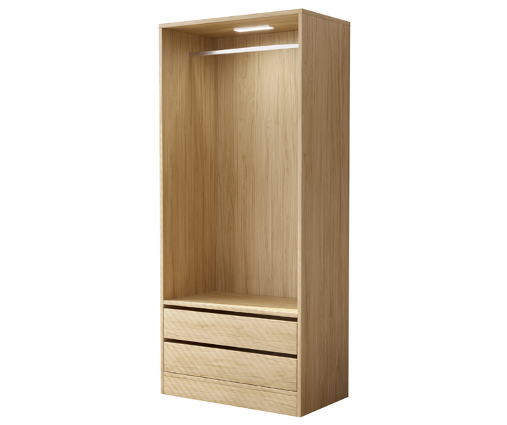 Modern wooden open wardrobe with three drawers and built-in LED light