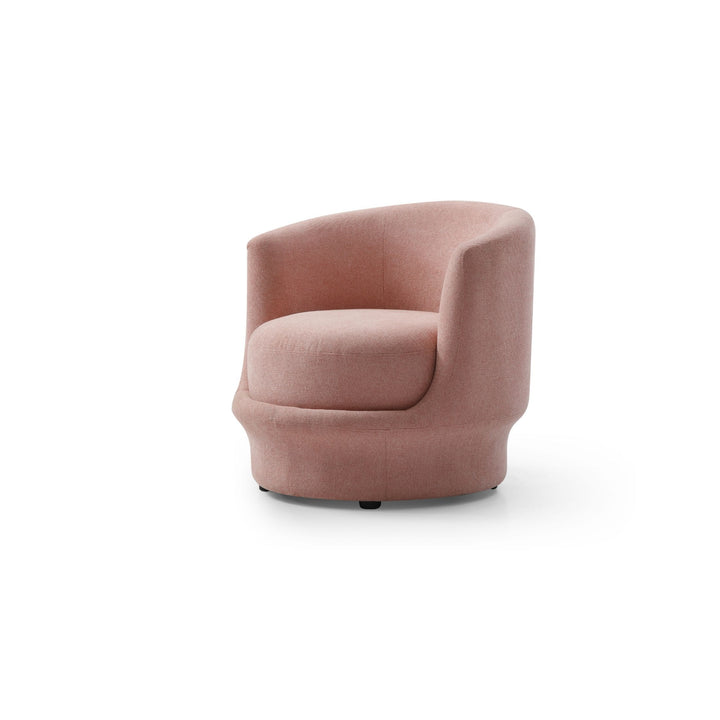 Modern pink upholstered swivel accent chair with rounded backrest on white background
