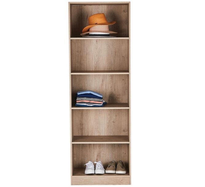 Tall wooden shelving unit with five shelves, displaying hats, folded clothes, and shoes
